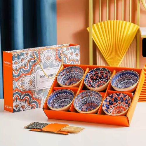 Mandala Porcelain Bowl Set- 6 Pcs with shopsticks